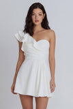 Ivory A Line One Shoulder Ruffled Ruched Little White Dress