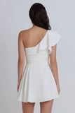 Ivory A Line One Shoulder Ruffled Ruched Little White Dress