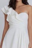 Ivory A Line One Shoulder Ruffled Ruched Little White Dress