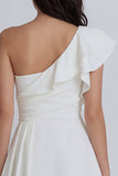 Ivory A Line One Shoulder Ruffled Ruched Little White Dress