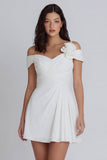 Ivory A Line Off the Shoulder Ruched Little White Dress with 3D Flower