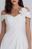 Ivory A Line Off the Shoulder Ruched Little White Dress with 3D Flower