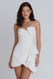 Ivory Bodycon Ruched Strapless Little White Dress with Bow