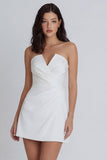 V Neck A Line Ruched Ivory Short Little White Dress