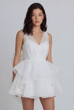 Ivory Ruffled Tiered A Line V Neck Short Little White Dress