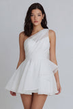 One Shoulder Ruched A Line Ivory Short Little White Dress