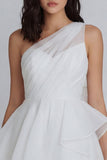 One Shoulder Ruched A Line Ivory Short Little White Dress