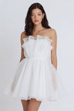 A Line Ivory Ruffled Strapless Backless Short Little White Dress