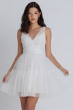A Line Ivory V Neck Sleeveless Short Little White Dress
