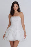 Strapless Ruched A Line Short Little White Dress with Bow