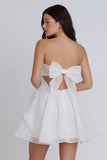 Strapless Ruched A Line Short Little White Dress with Bow
