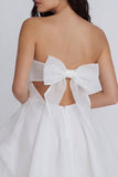 Strapless Ruched A Line Short Little White Dress with Bow