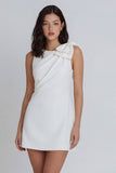 Round Neck A Line Ivory Ruched Short Little White Dress with Bow