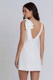 Round Neck A Line Ivory Ruched Short Little White Dress with Bow