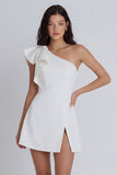 One Shoulder A Line Ruffled Ivory Short Little White Dress with Slit