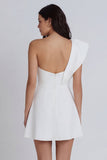 One Shoulder A Line Ruffled Ivory Short Little White Dress with Slit