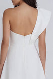 One Shoulder A Line Ruffled Ivory Short Little White Dress with Slit