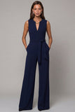 Navy V Neck Sleeveless Long Work Jumpsuit with Pockets