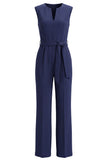 Navy V Neck Sleeveless Long Work Jumpsuit with Pockets