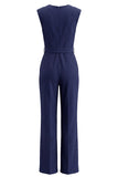 Navy V Neck Sleeveless Long Work Jumpsuit with Pockets