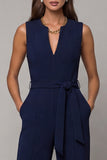 Navy V Neck Sleeveless Long Work Jumpsuit with Pockets