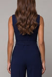 Navy V Neck Sleeveless Long Work Jumpsuit with Pockets