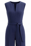Navy V Neck Sleeveless Long Work Jumpsuit with Pockets