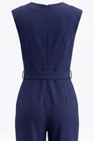Navy V Neck Sleeveless Long Work Jumpsuit with Pockets