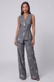 Dark Grey V Neck Sleeveless Floral 2 Piece Work Suit