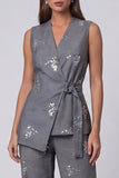 Dark Grey V Neck Sleeveless Floral 2 Piece Work Suit