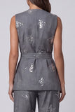 Dark Grey V Neck Sleeveless Floral 2 Piece Work Suit