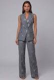 Dark Grey V Neck Double Breasted Floral 2 Piece Work Suits