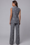 Dark Grey V Neck Double Breasted Floral 2 Piece Work Suits