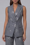 Dark Grey V Neck Double Breasted Floral 2 Piece Work Suits