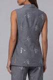 Dark Grey V Neck Double Breasted Floral 2 Piece Work Suits