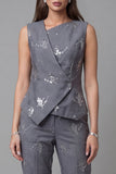 Single Breasted Dark Grey V Neck Floral 2 Piece Work Suits