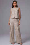 Khaki Sleeveless Floral Appliqued 2 Piece Work Suits