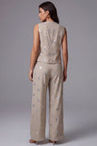 Khaki Sleeveless Floral Appliqued 2 Piece Work Suits