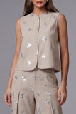 Khaki Sleeveless Floral Appliqued 2 Piece Work Suits