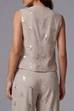 Khaki Sleeveless Floral Appliqued 2 Piece Work Suits