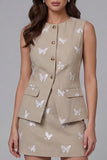 Khaki Sleeveless Floral Appliqued Round Neck 2 Piece Work Dress