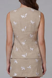 Khaki Sleeveless Floral Appliqued Round Neck 2 Piece Work Dress