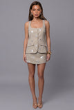 Square Neck Khaki Floral Appliqued 2 Piece Work Dress