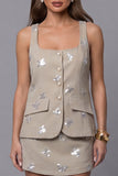 Square Neck Khaki Floral Appliqued 2 Piece Work Dress