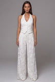 Floral Ivory Halter Neck Breasted 2 Piece Work Suits