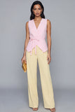 Pink and Yellow V Neck Sleeveless 2 Piece Work Suits with Bow