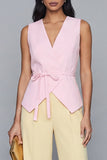 Pink and Yellow V Neck Sleeveless 2 Piece Work Suits with Bow