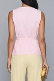 Pink and Yellow V Neck Sleeveless 2 Piece Work Suits with Bow