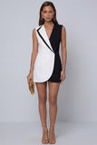 Black and White V Neck Sleeveless Short Work Dress