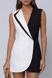Black and White V Neck Sleeveless Short Work Dress